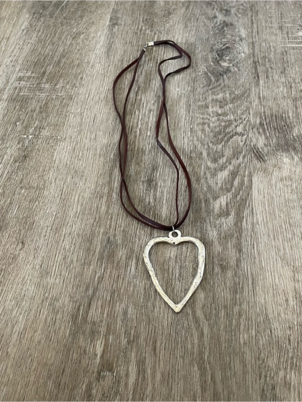 Women’s Burgundy Faux Leather Cord Necklace Large Silver Tone Open Heart